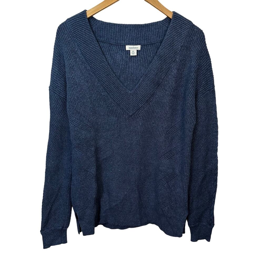 Sundance Cable Knit Tunic Sweater V Neck Blue Womens XS Cotton‎ Pullover Thick